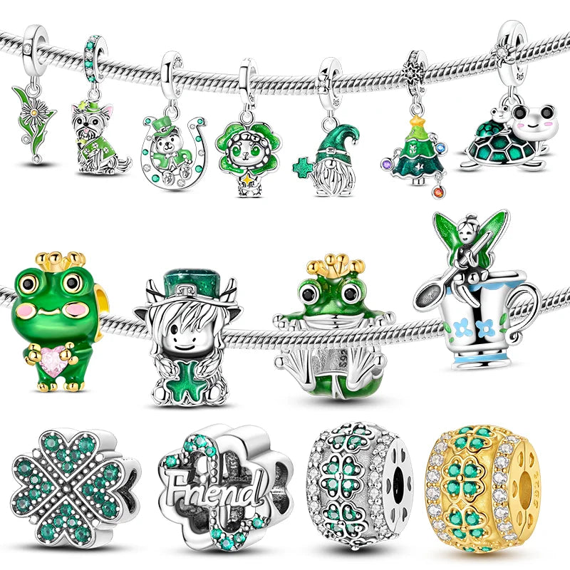 Neu im 925er-Sterlingsilber, grüne Charms, Perlen, Frosch, Kleeblatt, Schildkröte, Anhänger, Schmuck, passend für Original-925-Armbänder für Frauen, DIY-Geschenk