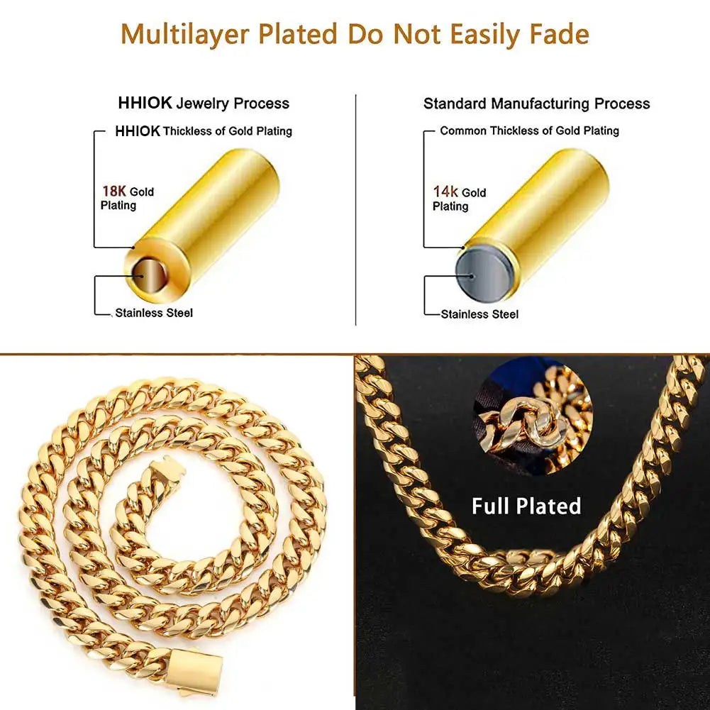 Hohe Qualität, Breite 8–14 mm, Edelstahl, goldfarben, kubanische Kette, wasserdicht, für Herren und Damen, Curb Link-Halskette, verschiedene Größen