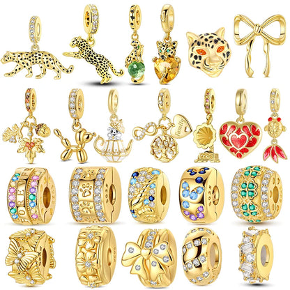 Gold-Serie, DIY-Charms, Original-Charms aus 925er-Sterlingsilber mit eingelegtem Zirkonium, Sonnen- und Leoparden-Anhänger, passend für Armbänder, Schmuck, Geschenkmarkierung