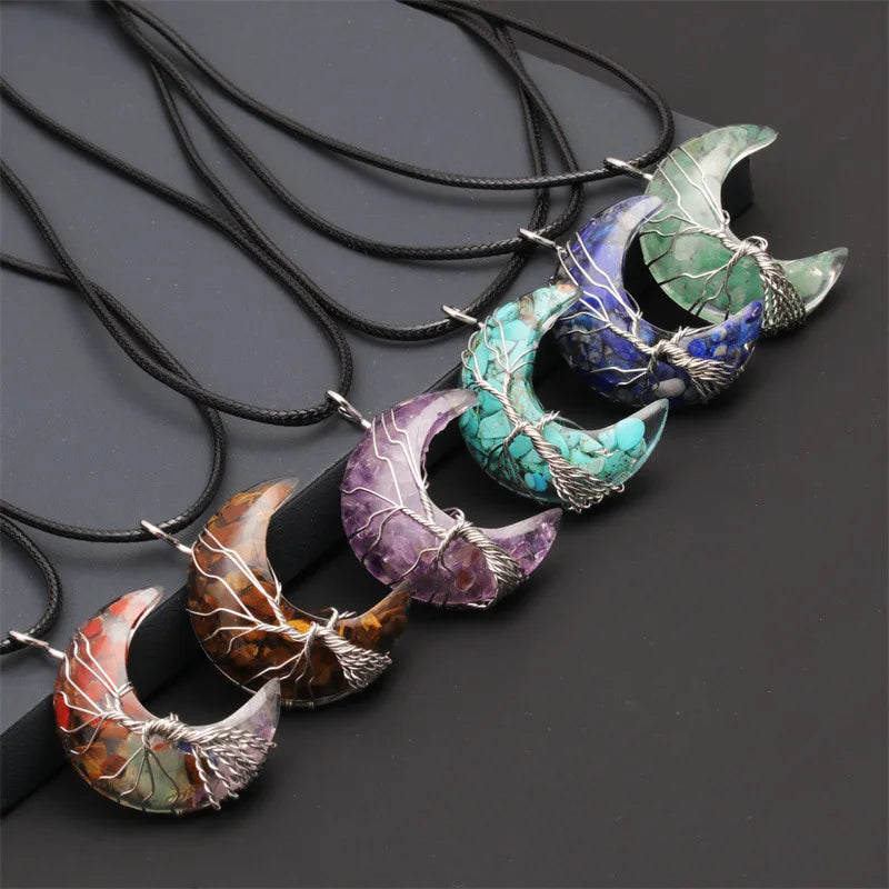 Natürliche Kristall Mond Anhänger Halskette Baum des Lebens Amethyst Reiki poliert Mineral Schmuck Heilstein für Männer Frauen Schmuck