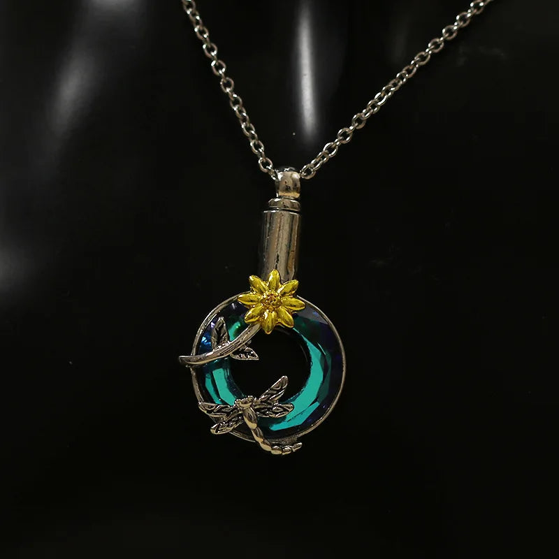 Urnen-Anhänger-Halskette, Libellen-Sonnenblumen-Gedenkschmuck für Asche, Andenken für Liebste und Haustiere