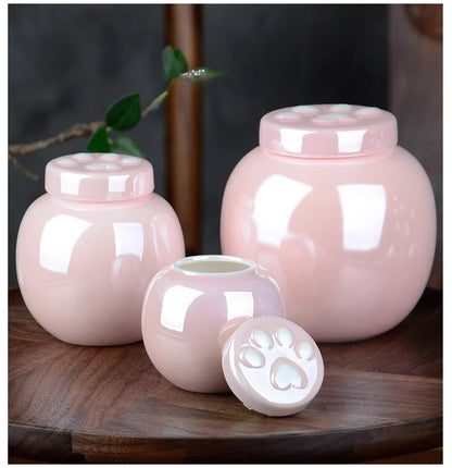 1 Piece Pink Ceramic Urn with Claw Print for Ashes, Small Cat and Dog Ceramic Ash Storage Jar, Pink Pet Hair Jar, Pet Funeral Supplies