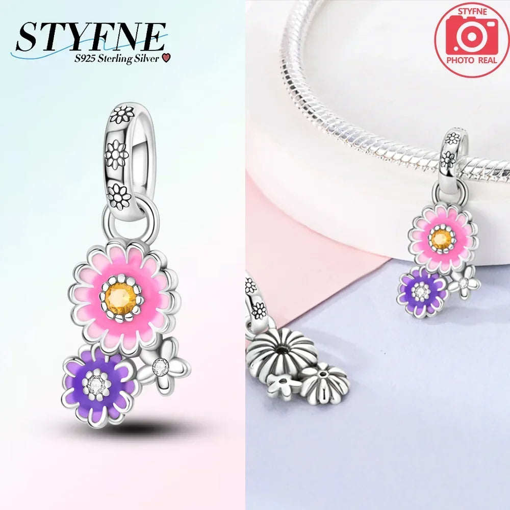 Romantische elegante Blumen-Charms aus 925er Silber, Sonnenblume, Tulpe, Rose, Nelke, Anhänger, passend für Original-Armbänder, DIY-Herstellung von Schmuck, Geschenken