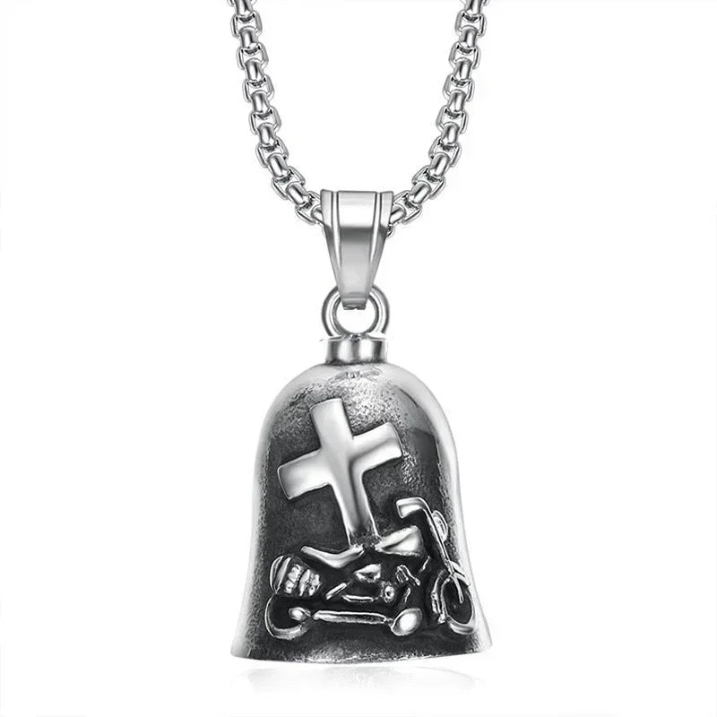 Vintage Christian Jesus Kreuz Glocke Anhänger Motorrad Glocke Halskette Punk Biker Religiöser Exorzist Glücksschmuck für Herren