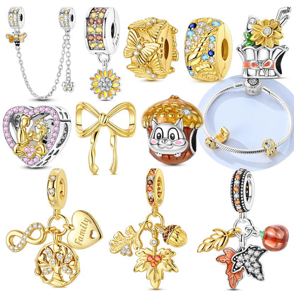 Charms aus 925er Silber, Original-Gold, exquisiter Schmetterlings-Anhänger, Ahornblatt-Herz-Perlen, passend für Armbänder, Damenschmuck, DIY-Zubehör, Geschenk