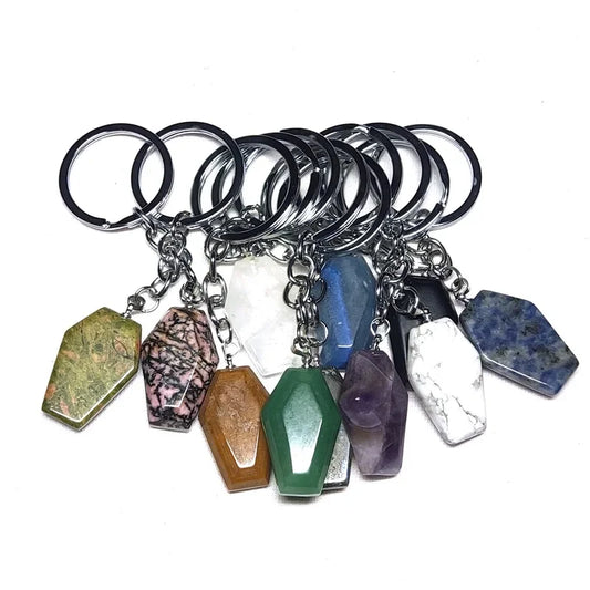10 stücke Sarg Form Glück Natürliche Stein Schlüssel Ringe Quarz Kristall Achate Schlüsselanhänger Anhänger Schmuck Groß