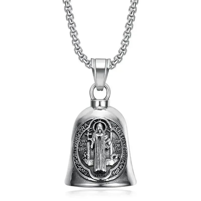 Vintage Christian Jesus Kreuz Glocke Anhänger Motorrad Glocke Halskette Punk Biker Religiöser Exorzist Glücksschmuck für Herren