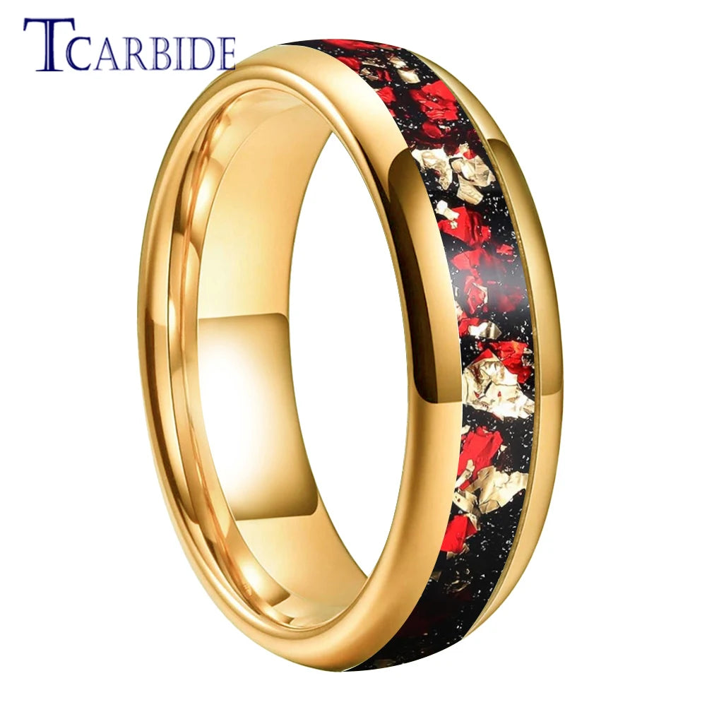 Dropshipping 6mm 8mm 18k Gold Farbe Kuppel Ehering Schöner Wolframkarbid Ring mit roter und Goldfolieninlage Comfort Fit