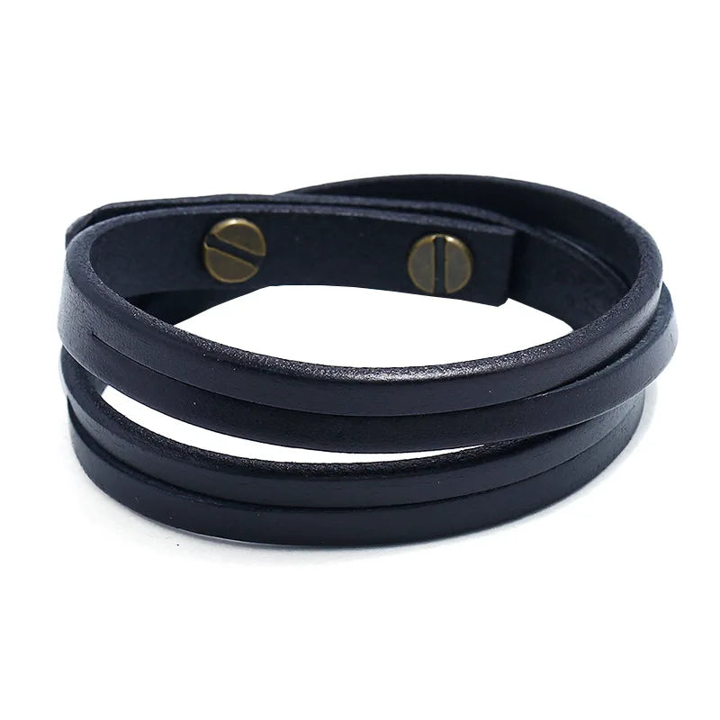 MKENDN Punk Vintage Doppel Strang Schwarz Braun Echtes Echtes Kuh Leder Charme Unisex Schnalle Armband Für Männer Frauen Schmuck Geschenke