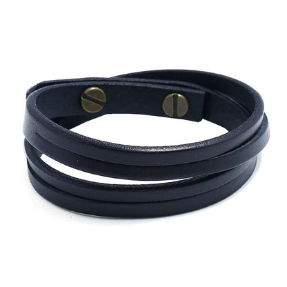 MKENDN Punk Vintage Doppel Strang Schwarz Braun Echtes Echtes Kuh Leder Charme Unisex Schnalle Armband Für Männer Frauen Schmuck Geschenke