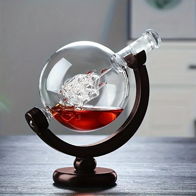 Globusförmiger Whisky-Dekanter aus Borosilikatglas mit Holzsockel, einzigartige Weinbelüfter-Flasche, Geschenk für die Dekoration zu Hause, in der Bar