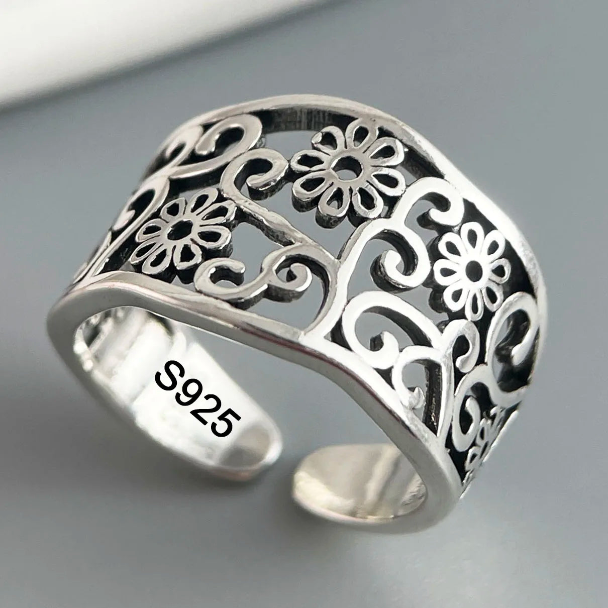 Ringe aus 925er-Sterlingsilber für Damen, Paare, minimalistisch, handgefertigt, schlicht, Retro-Blumen-Herz-Ring, edler Schmuck, Geschenk, verhindert Allergien