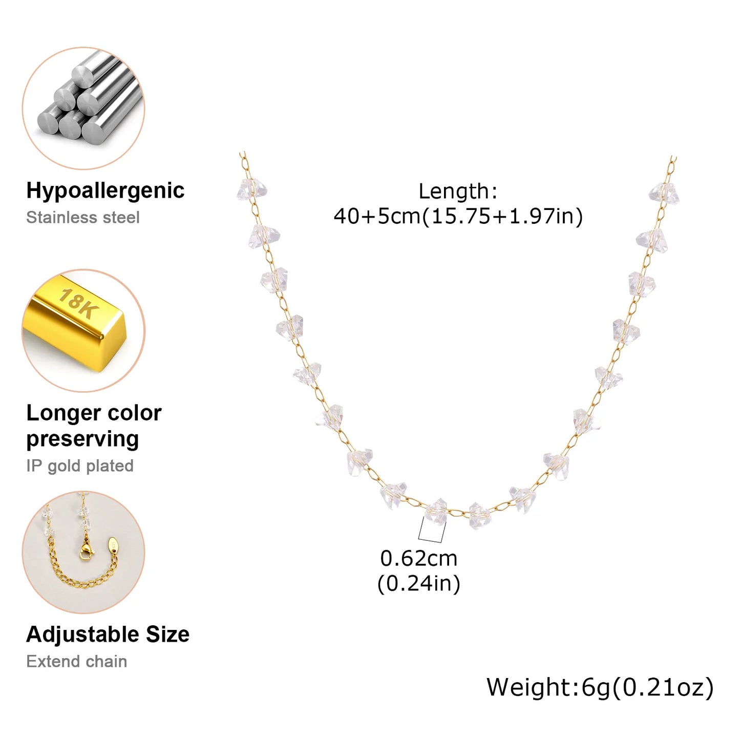 Unregelmäßige transparente Kristallperlen-Halskette für Frauen, Edelstahl-Perlenketten-Halsketten, exquisites Handschmuck-Geschenk