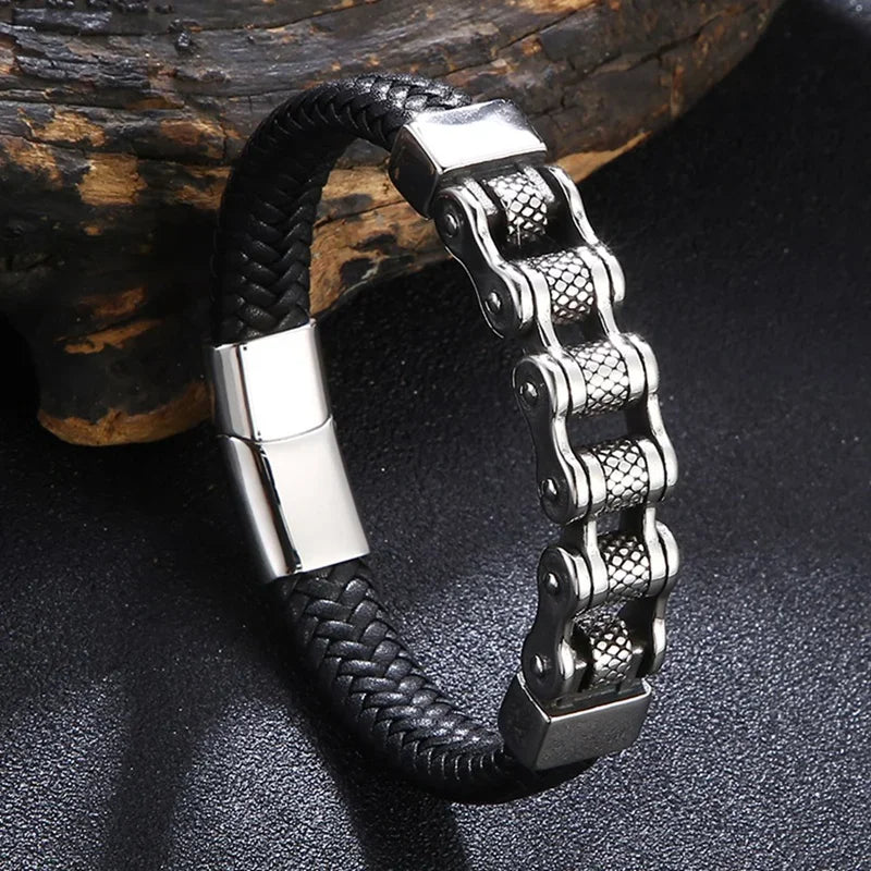 Klassische Leder Armband Männer Lokomotive Kette Edelstahl Punk Magnetische Verschluss Armreifen für Freund Geschenk Charme Schmuck SP1555