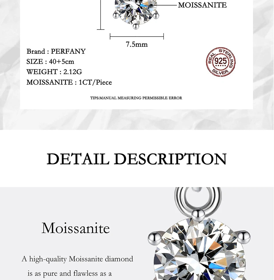 PERFANY 0,5-5CT Moissanit Halskette für Frauen S925 Reines Silber Klassische Sechs Klaue Runde Diamant Anhänger Minimalistischen Hochzeit schmuck