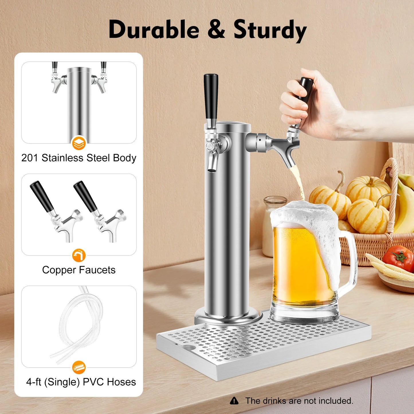 Doppeltappiger Edelstahl-Bierzapfturm für Bars/Restaurants, Kupferkonstruktion, Auslaufsichere Doppel-Getränkespender