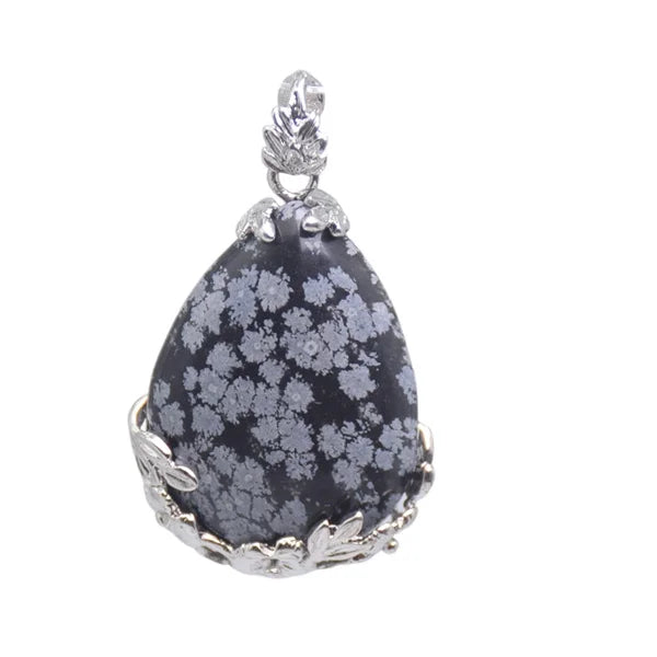 Damen-Naturstein, lila Kristall, Aventurin, Opal, Karneol, Onyx, Rosenquarz, Lapislazuli, Tropfenform, eingelegter Blumenanhänger aus Metall