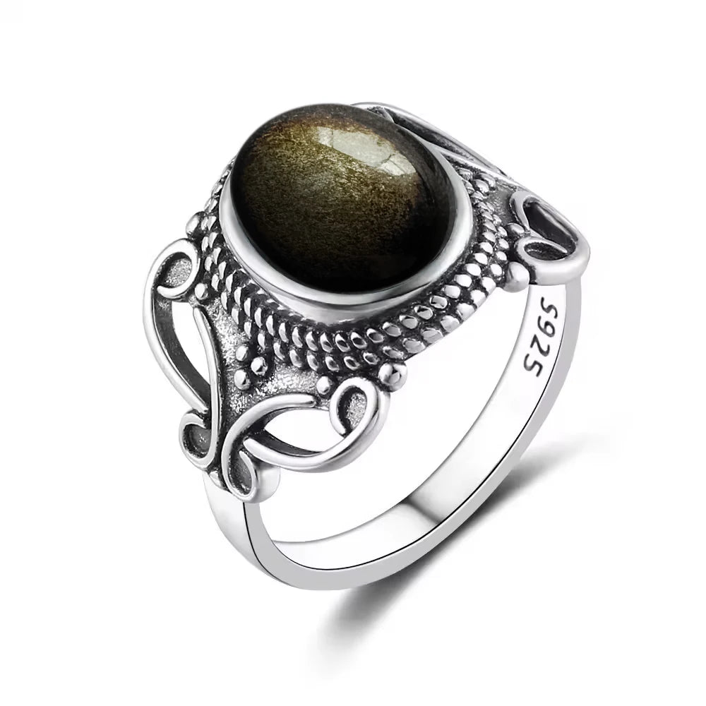 Vintage S925 Sterling Silber Ring Oval Runde Natürliche Obsidian Ring Sonne Und Blume Geformt Retro Edlen Schmuck Für Frauen Männer