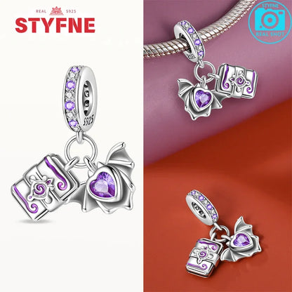 Silber 925 lila fliegender Hexenhut und Zauberbuch-Charms, Perlen, passend für Original-Armbänder, DIY-Halloween-Charm für Frauen, Schmuck, Geschenke