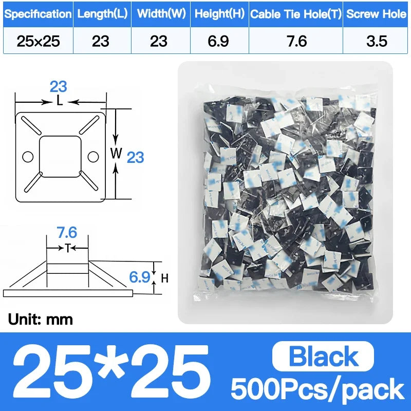 250/500/1000 Stück selbstklebende Nylon-Kabelbinderhalter, Kabelbinder, fester Sitz, PA66-Kunststoff-Kabelklemmen, 3 m, stark klebende Kabelbinderhalterung