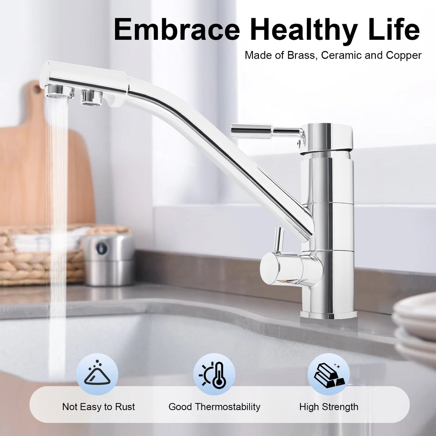 3-in-1 Wasserfilterhahn 360 °   Drehbarer Dreiwege-Küchenarmatur für heißes und kaltes Wasser, Osmose-System, Wasserhahn