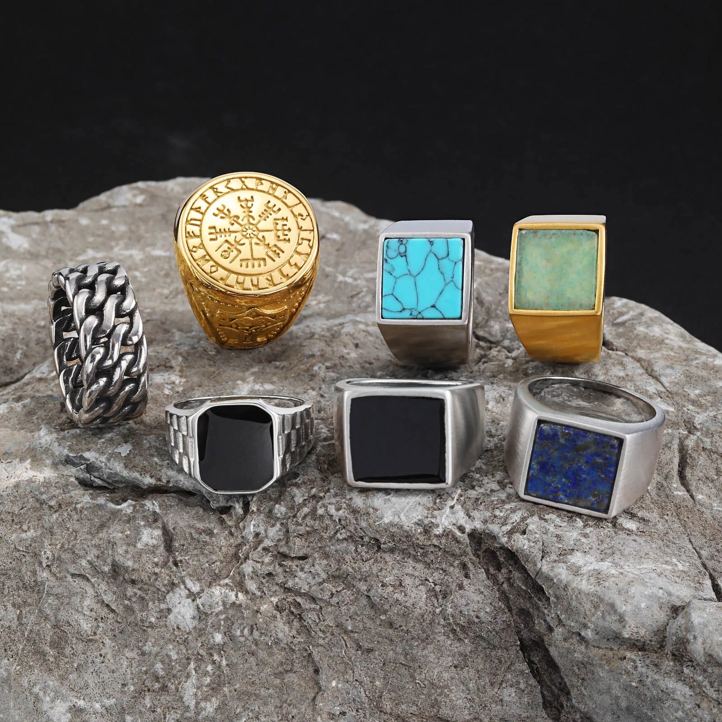 Coole Punk-Vintage-Natursteinringe für Männer, geometrische Siegelringe aus Edelstahl, stilvoller Retro-Ethno-Fingerschmuck als Geschenk