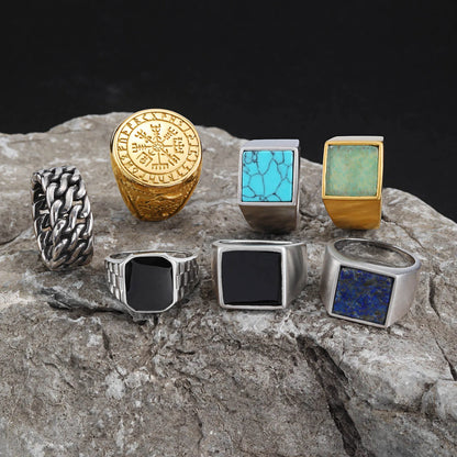 Coole Punk-Vintage-Natursteinringe für Männer, geometrische Siegelringe aus Edelstahl, stilvoller Retro-Ethno-Fingerschmuck als Geschenk