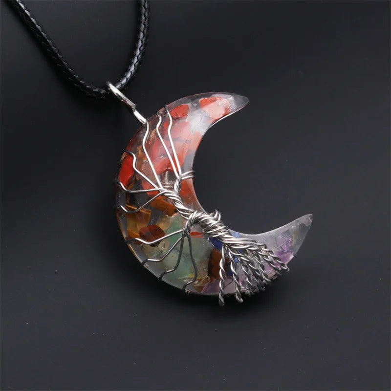 Natürliche Kristall Mond Anhänger Halskette Baum des Lebens Amethyst Reiki poliert Mineral Schmuck Heilstein für Männer Frauen Schmuck