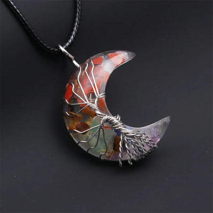 Natürliche Kristall Mond Anhänger Halskette Baum des Lebens Amethyst Reiki poliert Mineral Schmuck Heilstein für Männer Frauen Schmuck