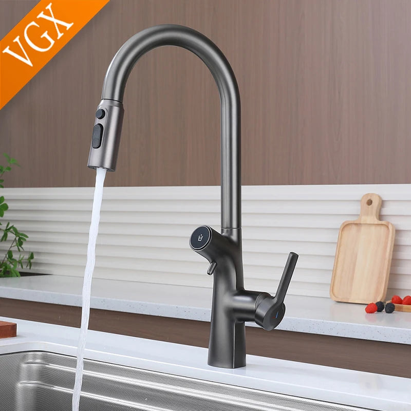 VGX Wasserfilter, Küchenarmatur, Doppelauslauf, reiner Trinkwasserhahn, herausziehbarer Küchenspüle, Mixer, Küche, Gourmet-Wasserhahn, Kran, Gold