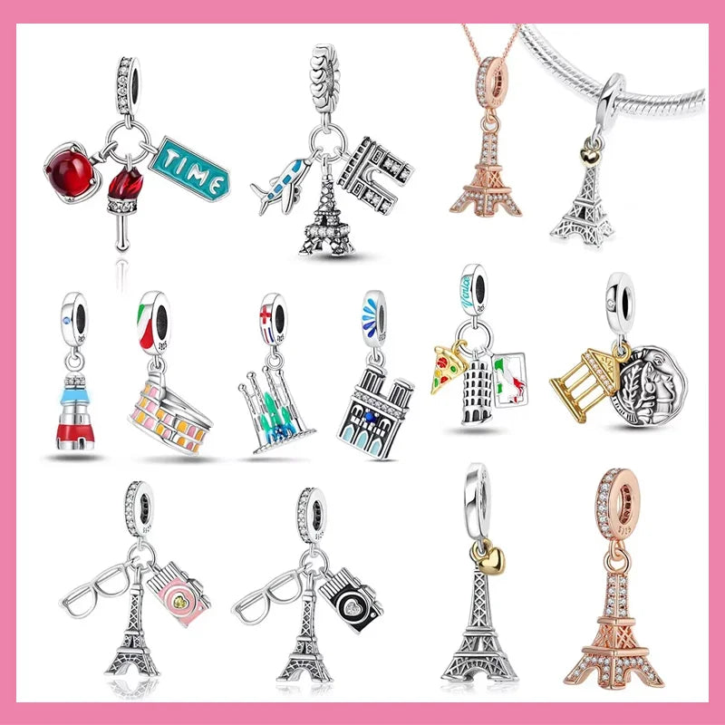 Kreativer Doppel-Charm aus 925er-Sterlingsilber, Eiffelturm, goldenes Herz, passend für DLY-Armbänder, Halsketten, Damen-Dating-Schmuck-Accessoires