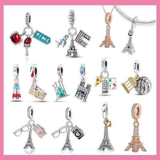Kreativer Doppel-Charm aus 925er-Sterlingsilber, Eiffelturm, goldenes Herz, passend für DLY-Armbänder, Halsketten, Damen-Dating-Schmuck-Accessoires
