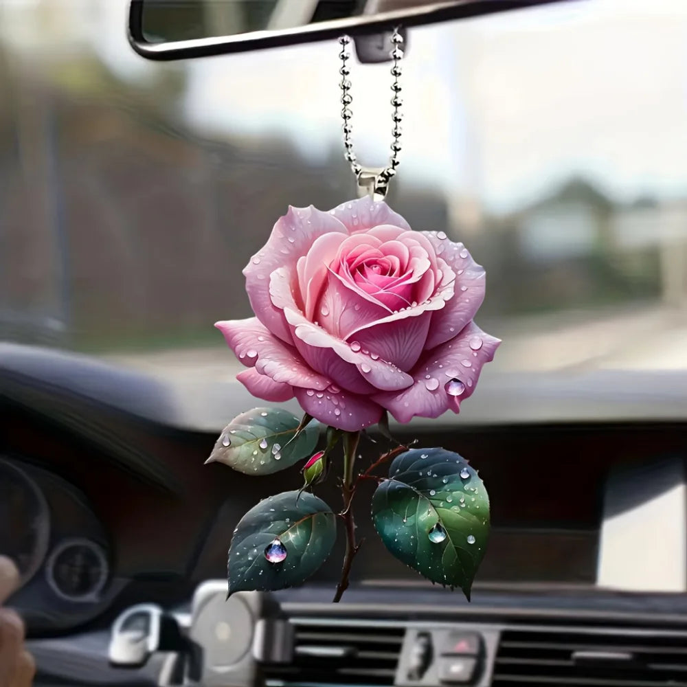 Schicker rosa Rosen-Acryl-Anhänger, vielseitiger Charme, bezaubernder Blumen-Schlüsselanhänger für Autospiegel, Rucksack, Zuhause, festliche Party, Geschenk und Dekoration