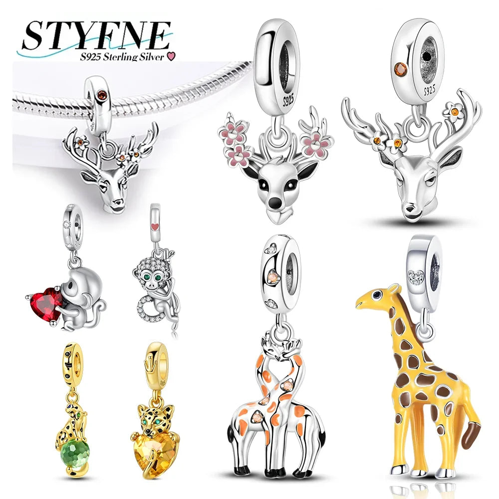Exquisite Charms aus 925er Silber, Sika-Hirsch, Elch, Leopard, Löwe, Affe, Perlen, passend für Original-Charm-Armbänder, Mode-Anhänger, Geschenk