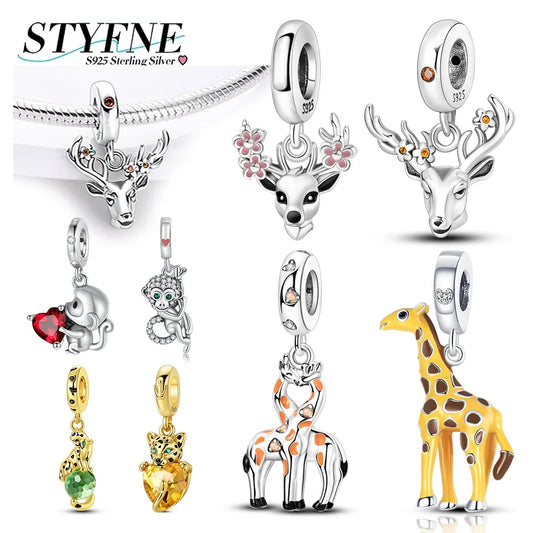 Exquisite Charms aus 925er Silber, Sika-Hirsch, Elch, Leopard, Löwe, Affe, Perlen, passend für Original-Charm-Armbänder, Mode-Anhänger, Geschenk