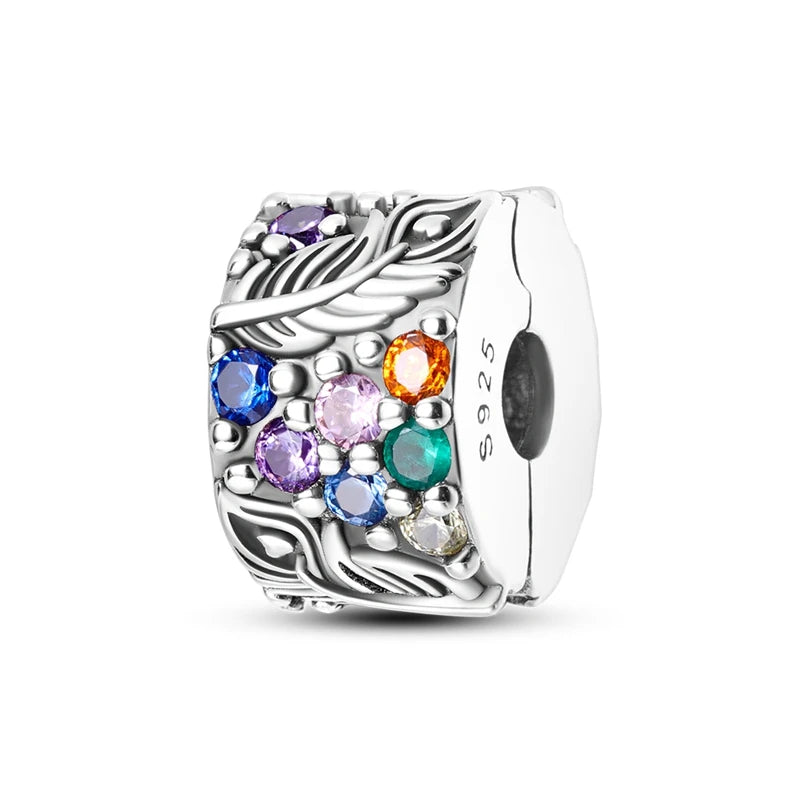 Silber-Charm, 925er-Sterlingsilber, Clip-Charms, Sicherheitsketten-Charm, CZ-Pavé, runde Clip-Perlen, passend für Original-Armbänder, Schmuckherstellung