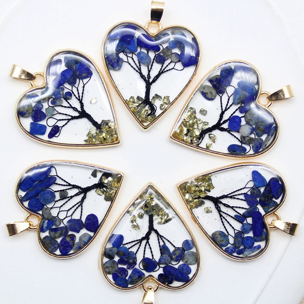 12 Stück Mix Stein Amethyst Lapislazuli Kristall Herz Lebensbaum Anhänger für DIY Herstellung Naturstein Halskette Ohrring Zubehör