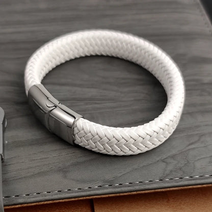 Fashion Simple White Leather Braid Bracelet Stainless Steel Buckle Clasps for Men Handmade Bangle Wholesale Charm Jewelry Gift
