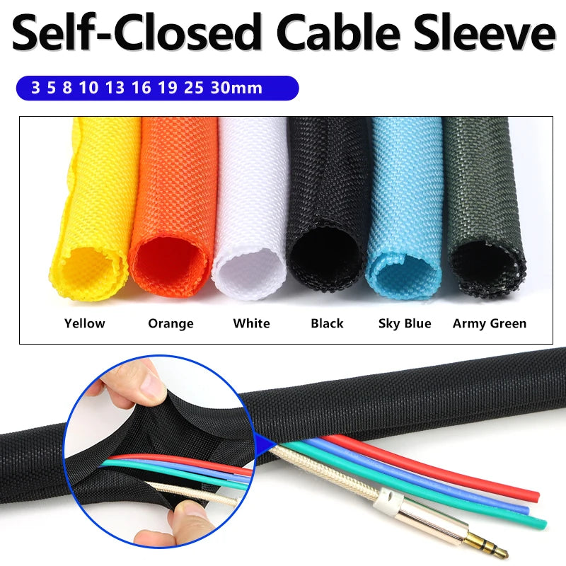2/5M Selbstschließende PET-Geflecht-Kabelummantelung 3 5 8 10 13 16 19 25 30mm Auto-Kabelmanagement Flexibler Geteilter Schlauch Drahtschutz