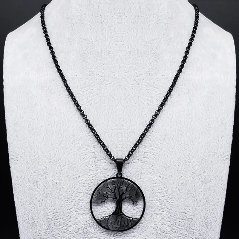 2024 Tree of Life Stainless Steel Long Necklace for Men Black Color Necklaces &amp; Pendants Jewelry cadenas para hombre N834S03