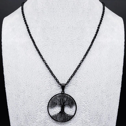 2024 Tree of Life Stainless Steel Long Necklace for Men Black Color Necklaces &amp; Pendants Jewelry cadenas para hombre N834S03