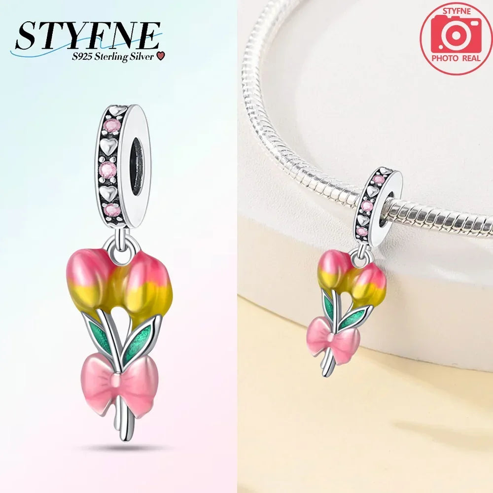 Romantische elegante Blumen-Charms aus 925er Silber, Sonnenblume, Tulpe, Rose, Nelke, Anhänger, passend für Original-Armbänder, DIY-Herstellung von Schmuck, Geschenken