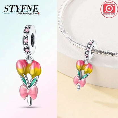 Romantische elegante Blumen-Charms aus 925er Silber, Sonnenblume, Tulpe, Rose, Nelke, Anhänger, passend für Original-Armbänder, DIY-Herstellung von Schmuck, Geschenken