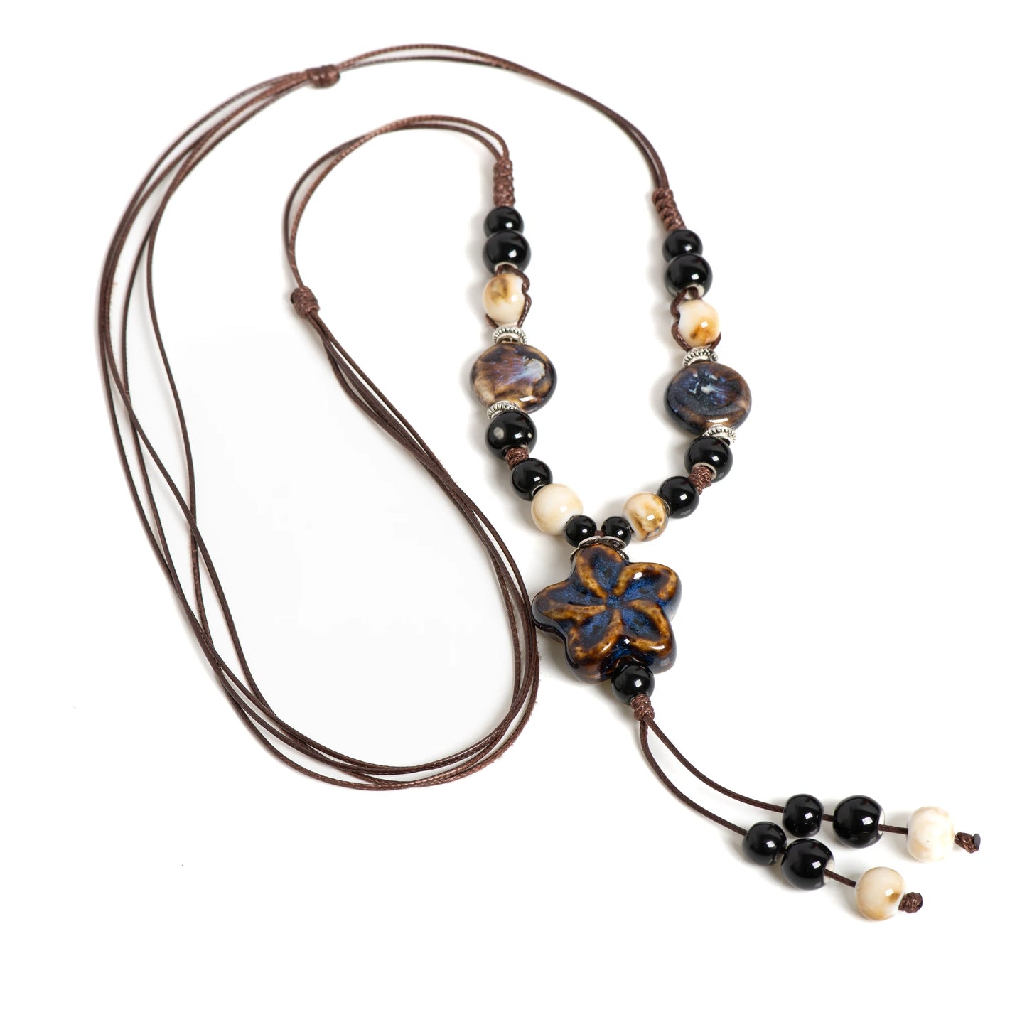 Runder Stern, handgefertigte Keramik-Halskette, verstellbarer Anhänger in Edelsteinblau, Boho-Schmuck, langer Anhänger für Frauen 1101