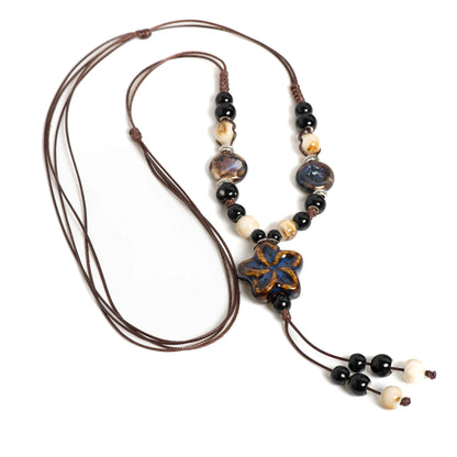 Runder Stern, handgefertigte Keramik-Halskette, verstellbarer Anhänger in Edelsteinblau, Boho-Schmuck, langer Anhänger für Frauen 1101