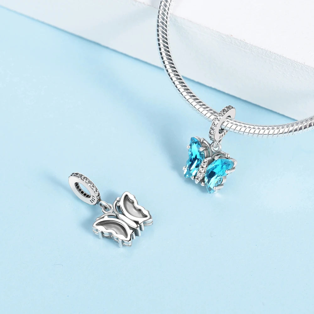 Grüner Schildkröten-Anhänger aus 925er-Sterlingsilber und blauer Schmetterling, baumelnder Charm, passend für Schlangenarmband, Boutique-Halskette, exquisite Geschenke