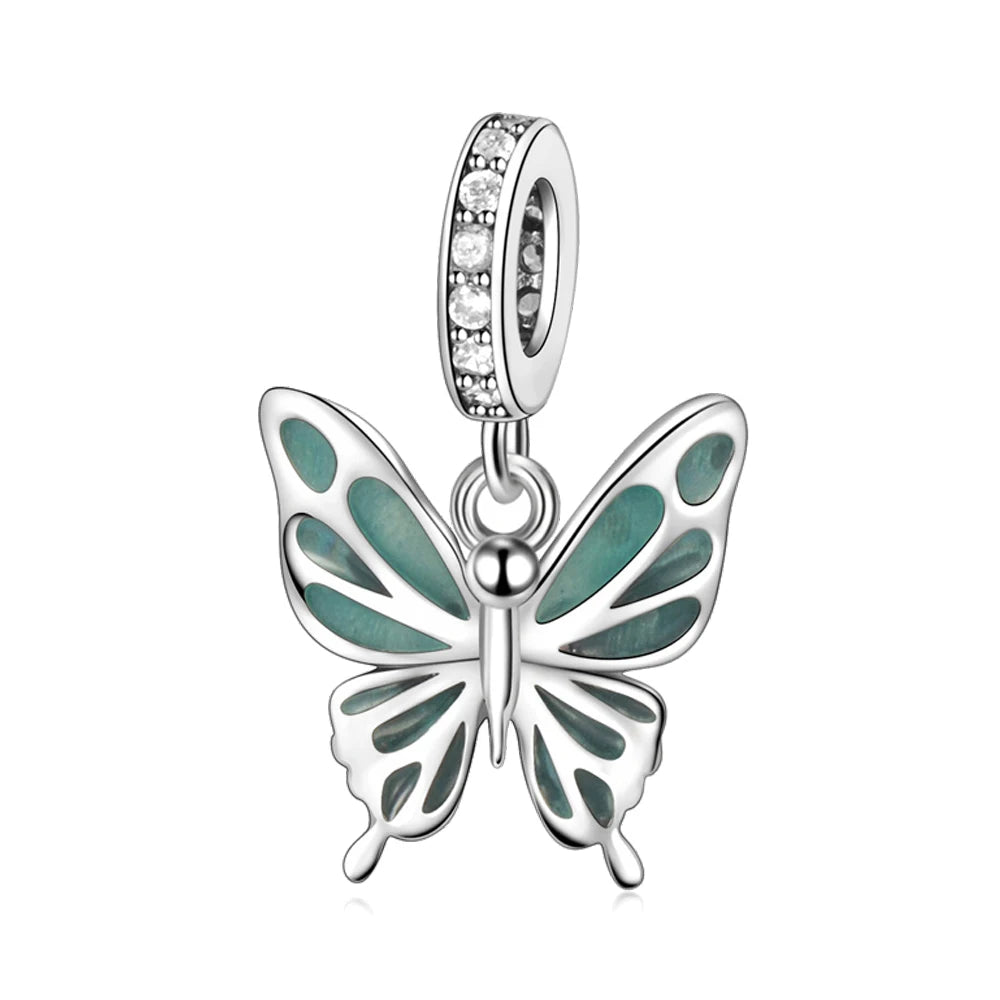 Exquisiter 925er-Sterlingsilber-Charm mit funkelndem Edelstein, Schlüssel, Blume, Schmetterling, passend für DIY-Armbänder, Halsketten, edler Schmuck, Geschenke
