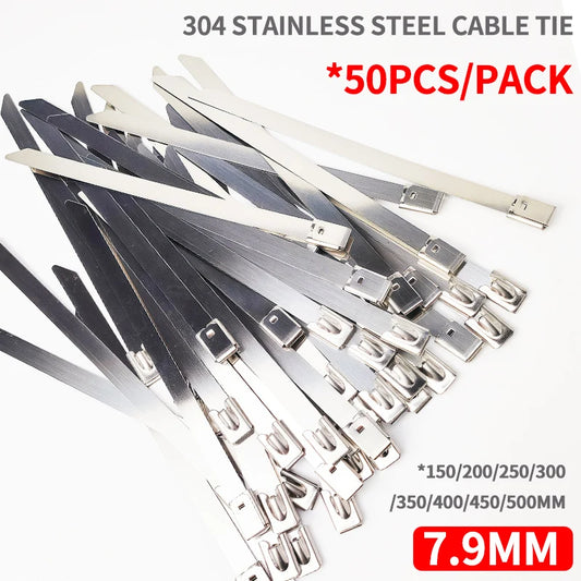 7,9 mm Kabelbinder aus Edelstahl 304, robuste, selbstsichernde Kabelbinder aus Metall für die Verkabelung von Kabelbällen im Freien