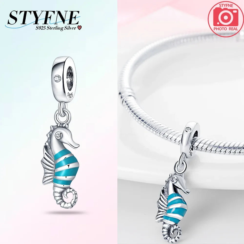 Charms aus 925er-Sterlingsilber, Perlen-Anhänger, Muschel, Delfin, Hippocampus, blauer Charm für Damen, Armband, Schmuck, Geschenk