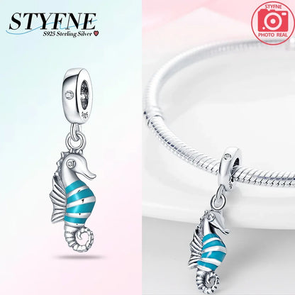 Charms aus 925er-Sterlingsilber, Perlen-Anhänger, Muschel, Delfin, Hippocampus, blauer Charm für Damen, Armband, Schmuck, Geschenk